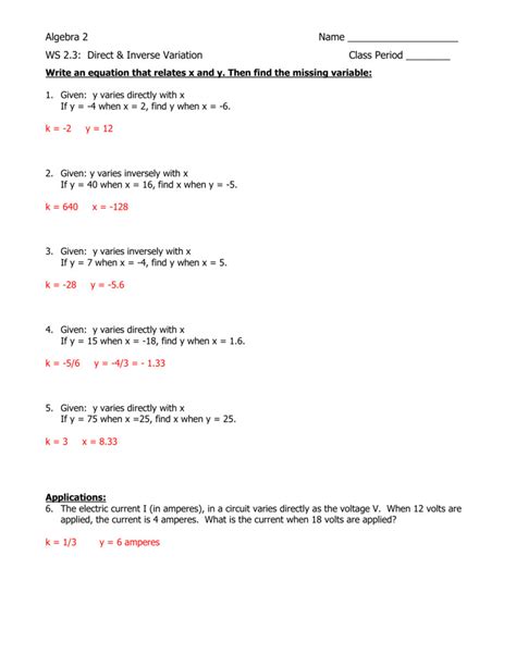 direct variation practice worksheet answers